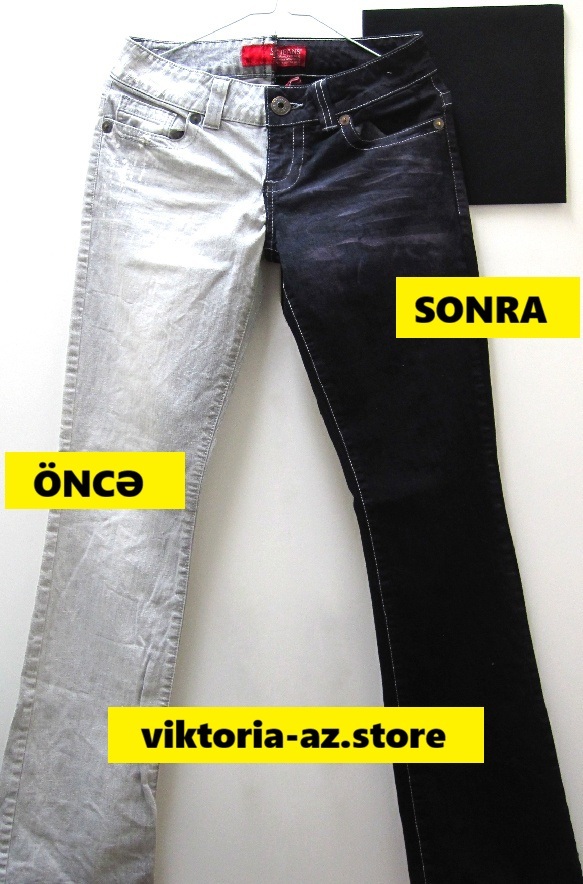 Cins şalvar boyama – açıq boz rəngdən tünd qara rəngə. Öncə və sonra müqayisəsi.