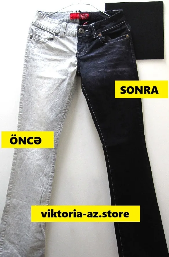 Cins şalvar boyama – açıq boz rəngdən tünd qara rəngə. Öncə və sonra müqayisəsi.