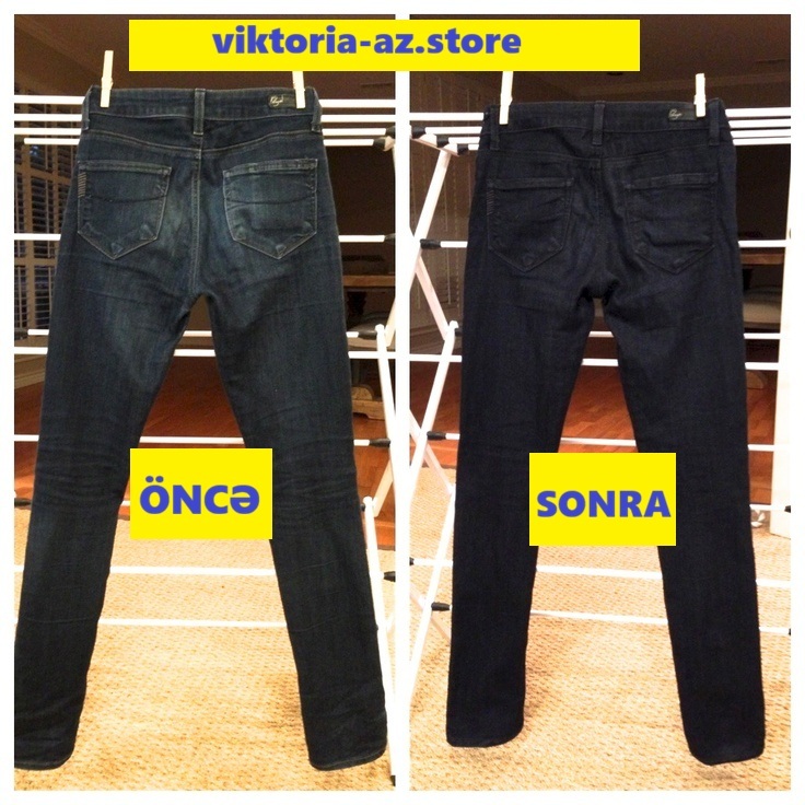 Cins şalvar boyama – solğun tünd mavidan təzə lacivert rəngə. Arxa görünüş müqayisəsi.