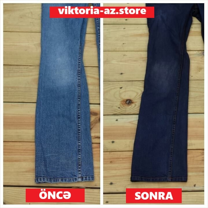 Cins şalvar paçası yaxın plan boyama nəticəsi – solğun mavidan tünd göyə.