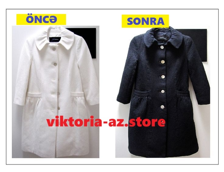 Qadın paltosu boyama – ağ rəngdən tünd göy rəngə. Palto boyama nəticəsi.